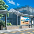 Modern Bus Stop Public Facility With Tall Building Green Trees Billboard Bench And Person Sitting