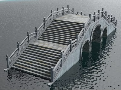 Stone Bridge With Arched Design Wooden Steps And Ornate Railings Over Water Surface 3d model