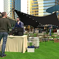Garden Landscape With Black Sunshades String Lights Green Lawn Folding Chairs Cactus Decorations Modern Buildings