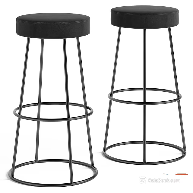 Stylish Black Bar Stools with Sturdy Metal Frame and Round Seat Design 3d model 