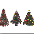 Decorated Christmas Trees With Various Color Stars Baubles Ribbons And Bases