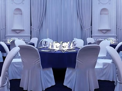Elegant Formal Dining Set With White Chair Covers Navy Blue Tablecloth Tableware And Curtain Decor 3d model