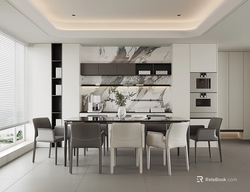 Modern Open Restaurant Dining Area With Marble Wall Dining Table Chairs And Cabinets 3d model 