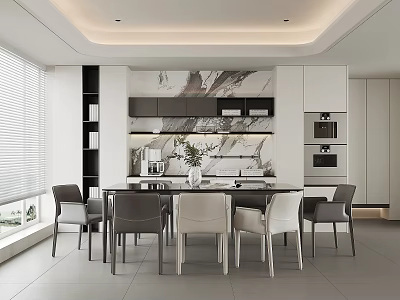 Modern Open Restaurant Dining Area With Marble Wall Dining Table Chairs And Cabinets 3d model
