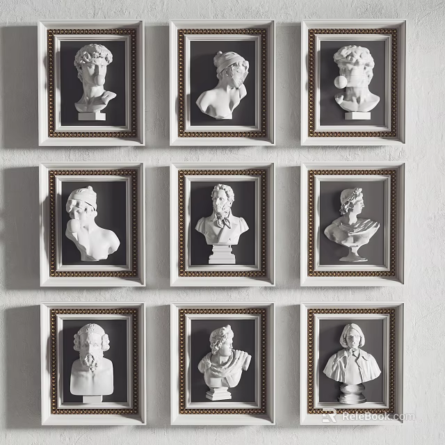 White Bust Portrait Paintings in Golden Frames Arranged in Grid on Wall 3d model 