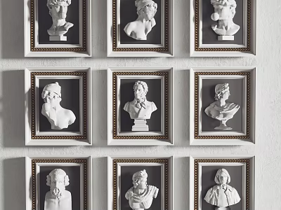White Bust Portrait Paintings in Golden Frames Arranged in Grid on Wall 3d model