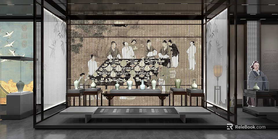 Traditional Chinese Exhibition Hall Interior With Bamboo Screen Ancient Figure Painting And Porcelain Displays 3d model 