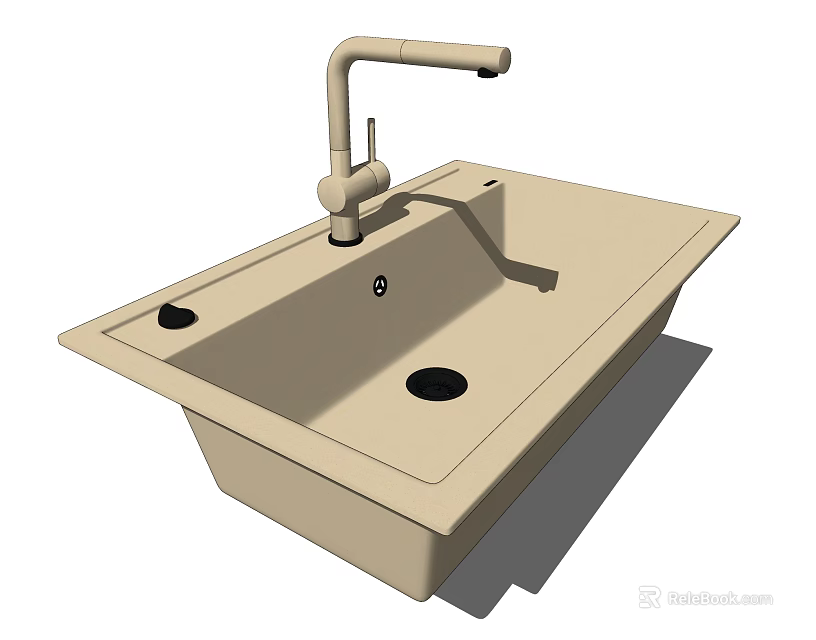 Modern Single Bowl Kitchen Sink With Beige Ceramic Finish And Faucet Design 3d model 