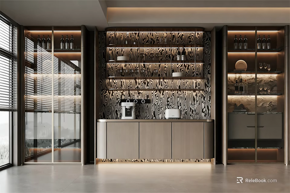 Elegant Modern Wine Cabinet With Glass Doors And Wooden Shelves For Interior Decor 3d model 