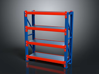 Sturdy Metal Display Shelf Unit With Blue Frame And Red Tiered Storage Shelves 3d model