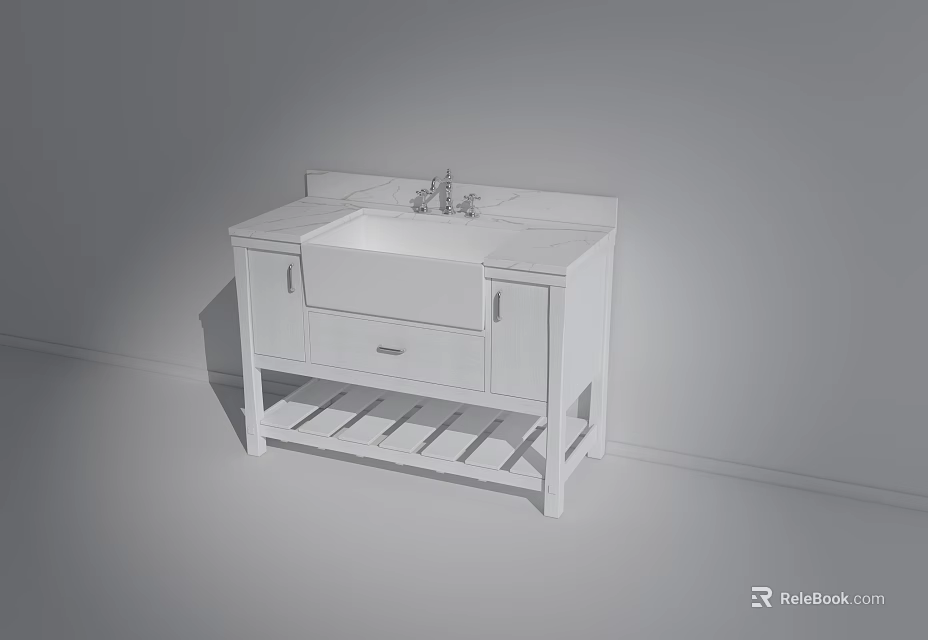 White Bathroom Washstand With Marble Countertop Faucet Cabinet And Lower Shelf 3d model 
