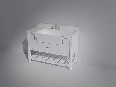 White Bathroom Washstand With Marble Countertop Faucet Cabinet And Lower Shelf 3d model