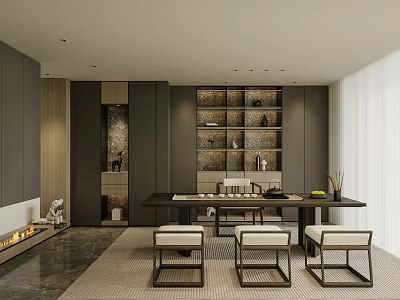 Modern Tea Room Interior With Long Table Chairs And Shelves 3d model