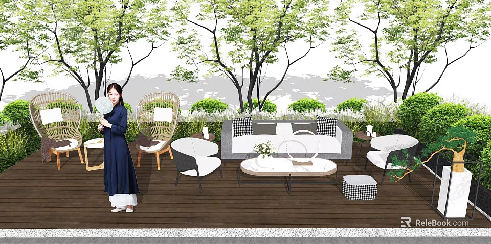 Outdoor Landscape Seating With Green Trees Plants Wicker Chairs Sofa Coffee Tables On Wooden Deck 3d model 