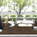 Outdoor Landscape Seating With Green Trees Plants Wicker Chairs Sofa Coffee Tables On Wooden Deck