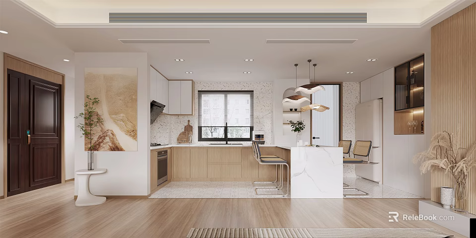 Modern Restaurant Interior With Dining Table Chairs Pendant Lights And Open Concept Design 3d model