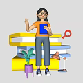 Game Film Female Character With Glasses Holding Blue Book Sitting On Books With Plant Lamp