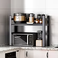 Practical Kitchen Shelf Organizing Cooking Utensils Plates Bowls Toaster Microwave And Red Cabinets