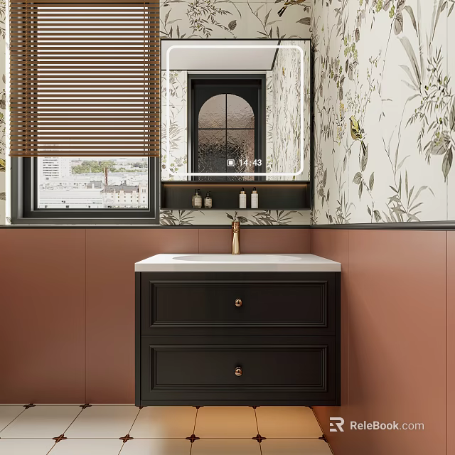 Bathroom Vanity With Black Cabinet White Countertop Gold Faucet Floral Wallpaper Brown Walls Bamboo Blinds 3d model 
