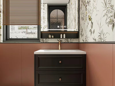 Bathroom Vanity With Black Cabinet White Countertop Gold Faucet Floral Wallpaper Brown Walls Bamboo Blinds 3d model