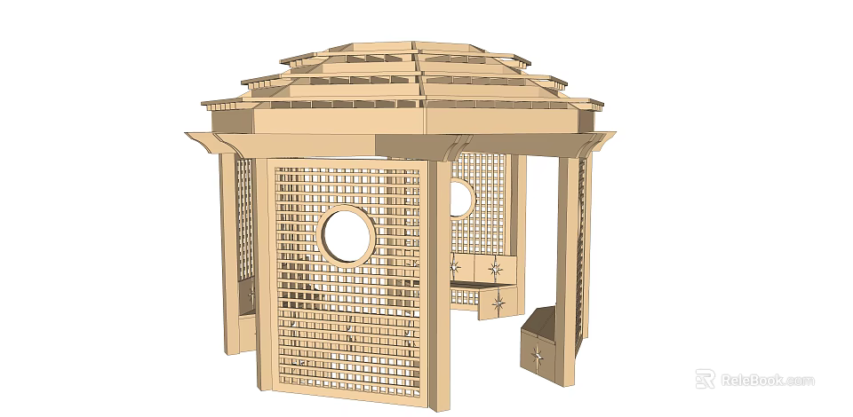 Traditional Wooden Garden Pavilion With Layered Roof Round Windows And Lattice Panels 3d model 
