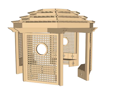 Traditional Wooden Garden Pavilion With Layered Roof Round Windows And Lattice Panels 3d model