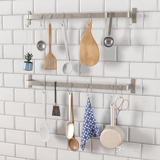 Kitchen Utensils Hanging On White Brick Wall With Wooden Spatula Cutting Board Spoons And Scissors 3d model 