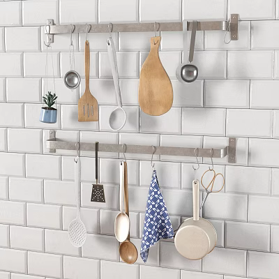 Kitchen Utensils Hanging On White Brick Wall With Wooden Spatula Cutting Board Spoons And Scissors 3d model