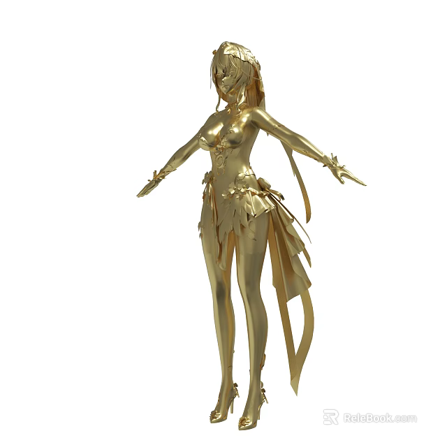 Golden Female 3D Statue with Ornate Dress and Flowing Decorative Elements 3d model 