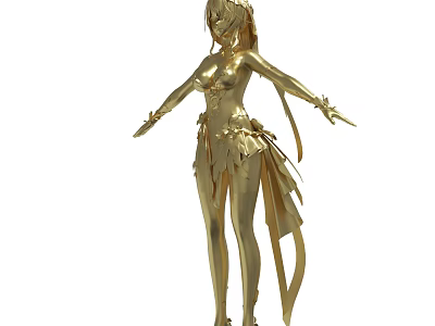 Golden Female 3D Statue with Ornate Dress and Flowing Decorative Elements 3d model