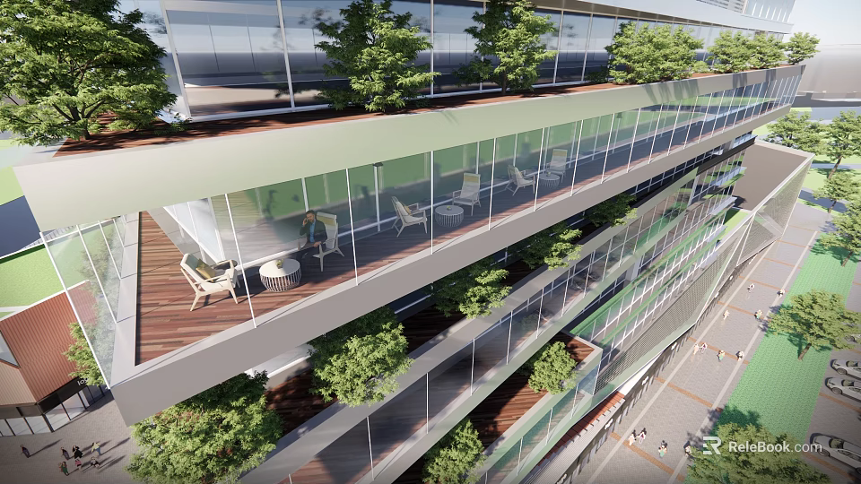 Modern Commercial Street Featuring Multi Level Buildings Glass Facades And Roof Gardens With Outdoor Seating 3d model 