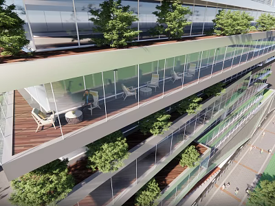 Modern Commercial Street Featuring Multi Level Buildings Glass Facades And Roof Gardens With Outdoor Seating 3d model