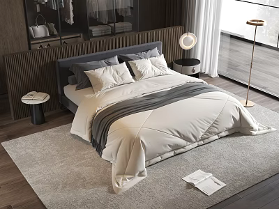 Modern Double Bed in Neutral Toned Bedroom With Gray Pillows Wooden Floor and Floor Lamp 3d model