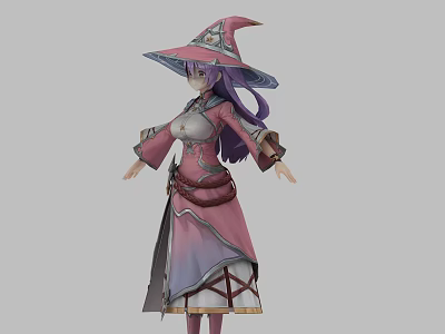 Game Fantasy Witch Character with Purple Hair Pointed Hat and Pink Robe 3d model