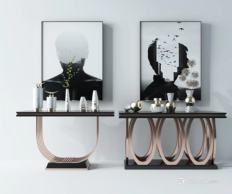 Modern Console Table With Rose Gold Metal Frame Black Top Vases Sculptures And Wall Art 3d model 