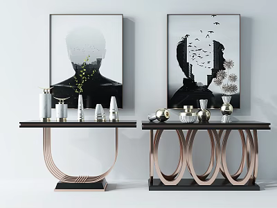Modern Console Table With Rose Gold Metal Frame Black Top Vases Sculptures And Wall Art 3d model
