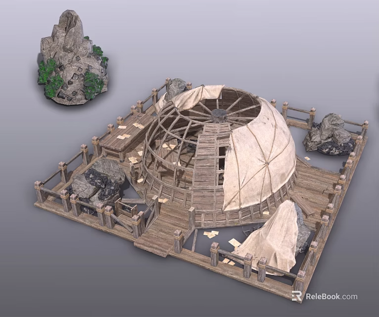 Round Building Structure With Wooden Frame White Canvas Tent Roof Wooden Fence And Small Rockery 3d model 