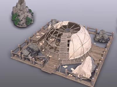 Round Building Structure With Wooden Frame White Canvas Tent Roof Wooden Fence And Small Rockery 3d model