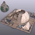Round Building Structure With Wooden Frame White Canvas Tent Roof Wooden Fence And Small Rockery