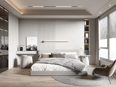 Minimalist Bedroom Interior With Gray Bedding Wooden Floor Round Rug And Chair By Window 3d model