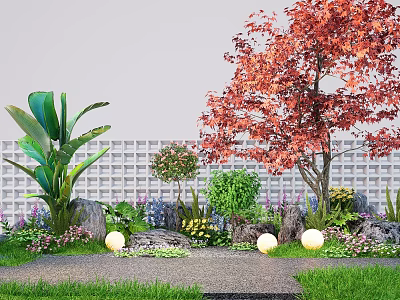 Serene Garden Landscape With Red Leaved Tree Green Plants Stones Pathway And Glowing Lights 3d model