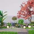 Serene Garden Landscape With Red Leaved Tree Green Plants Stones Pathway And Glowing Lights