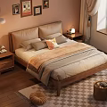 Warm Wooden Double Bed With Decorative Pillows Nightstands Table Lamps Checkered Rug And Wall Art
