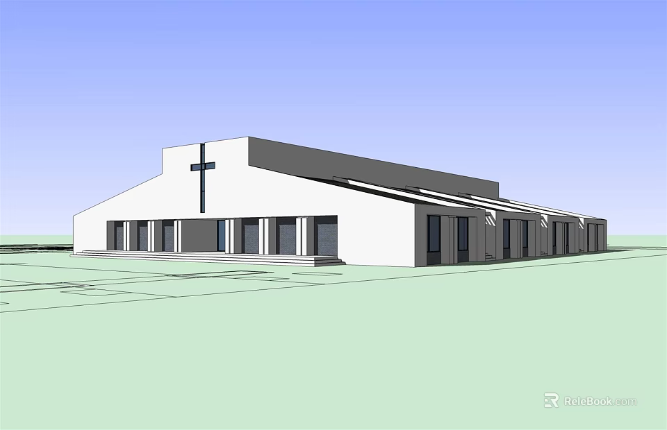 Ancient Church Architecture Featuring Cross White Exterior Sloped Roof and Windows 3d model 