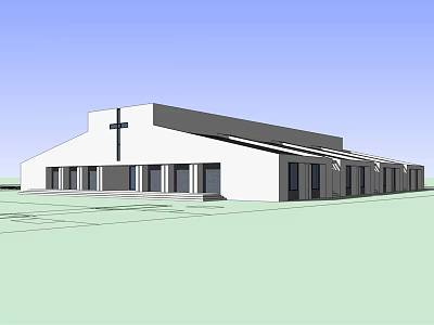Ancient Church Architecture Featuring Cross White Exterior Sloped Roof and Windows 3d model