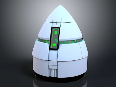 White Conical Tech Device With Green Ring Accent And Screen Panel 3D Design 3d model