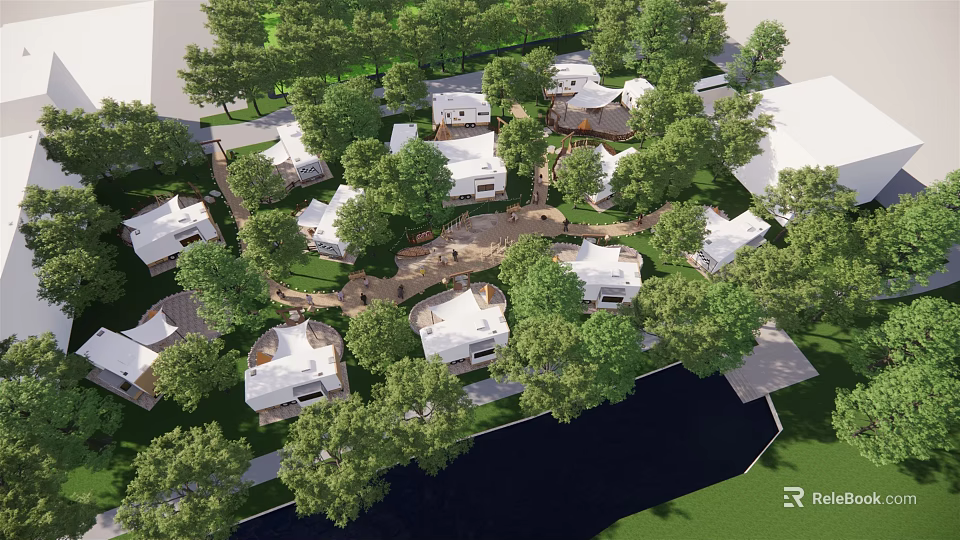 Scenic Waterfront Residential Community With White Houses Surrounded By Lush Green Trees 3d model 