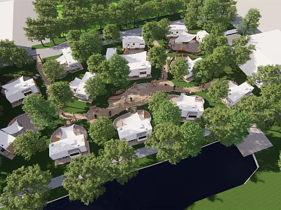Scenic Waterfront Residential Community With White Houses Surrounded By Lush Green Trees 3d model