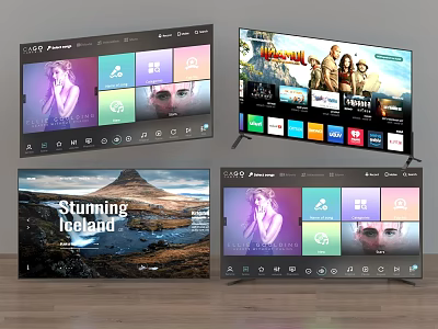 Modern Televisions Displaying Streaming Services Movie Titles And Scenic Shots 3d model