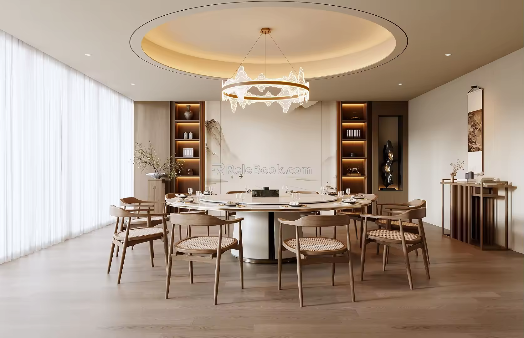 New Chinese Style Song Style Box Dining Table and Chair New Chinese Style Box End View Table New Chinese Style Chandelier New Chinese Style Background Wall New Chinese Style Wall Lamp Large Round Table 3d model